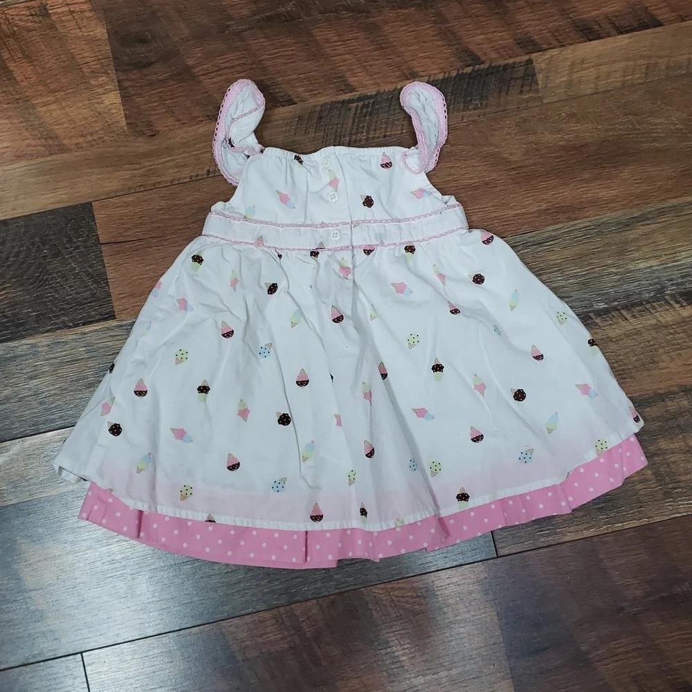 Gymboree Sleeveless White And Pink Polka Dot And Ice Cream Print Dress, 6-12M